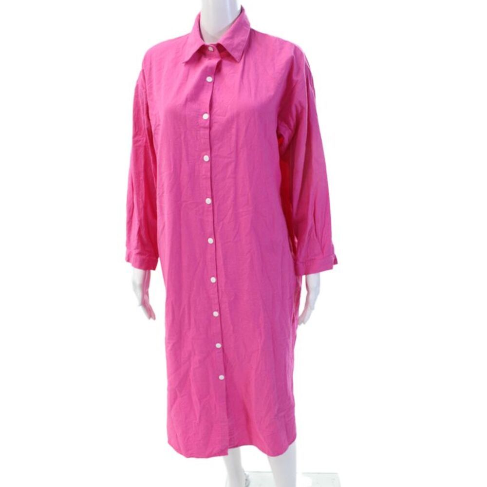 Designer Women Shirt Dress Pink Cotton Collared Long Sleeve Size M